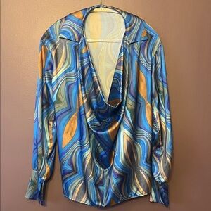 Multicolour Drape Neck Women's Blue, gold and green women’s long sleeved Blouse